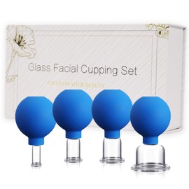 4PCS Glass Facial Cupping Set, Anti Aging Face Cupping Cups for Face & Neck Lift, Glowing Skin - Rejuvenation, Lymphatic Drainage, Facial Vacuum Suction Cups (Blue)