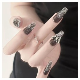 Lwenjing Nail Tips, 24 Pieces, 3D Nail Tips, Handmade Nail Tips, Short, Spring and Summer, Popular, Japanese Style, Cute, Simple, Stylish, Bride, Shiny, False Nails, Double-Sided Tape, Adult