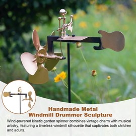 Garden Rock Band Windmill,Metal Guitar Player Windmill – Wind-Powered Yard Art Sculpture, Garden Decor for Lawn, Patio, or Courtyard – Outdoor Percussionist Figurine Gift