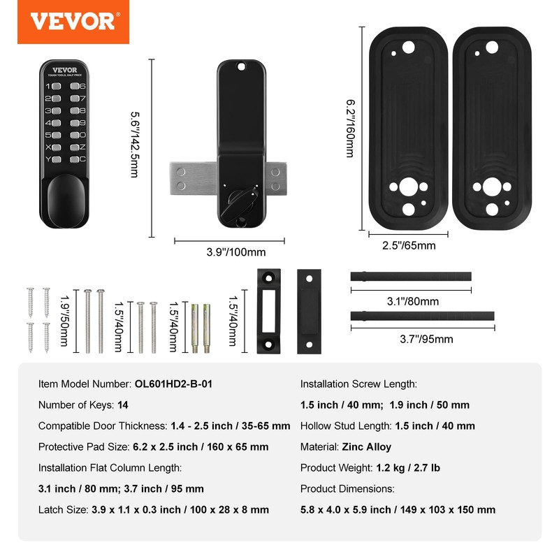 VEVOR Mechanical Keyless Entry Door Lock, 14 Digit Keypad, Outdoor