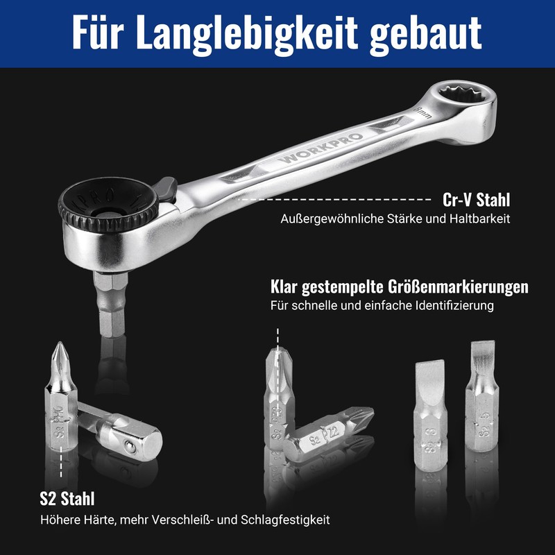WORKPRO Mini-Ratschen-Set, 1/4" Umschaltknarre, 72-Zahn Ratschengriff, Ratschenschlüsselsatz, mit 20 Zubehörteilen,