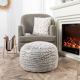 Unstuffed Fur Pouf Ottoman Foot Rest Cover Faux Fur Ottoman Cover 51x31cm Round Poof Seat Floor Bean Bag Chair Foot Rest Storage Solutions for Living Room Bedroom Cover ONLY (Gradual White Coffee)