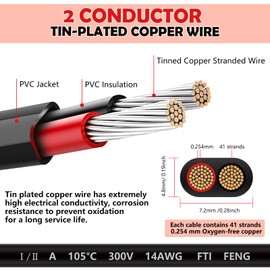 14 Gauge Wire 2 Conductor Electrical Wire, 14 AWG Wire Stranded PVC Cord, 12V Low Voltage/Oxygen-Free Tinned Copper/Flexible 14/2 Wire for Automotive Marine LED Strips Lamps Lighting (200FT/ 60.9M)