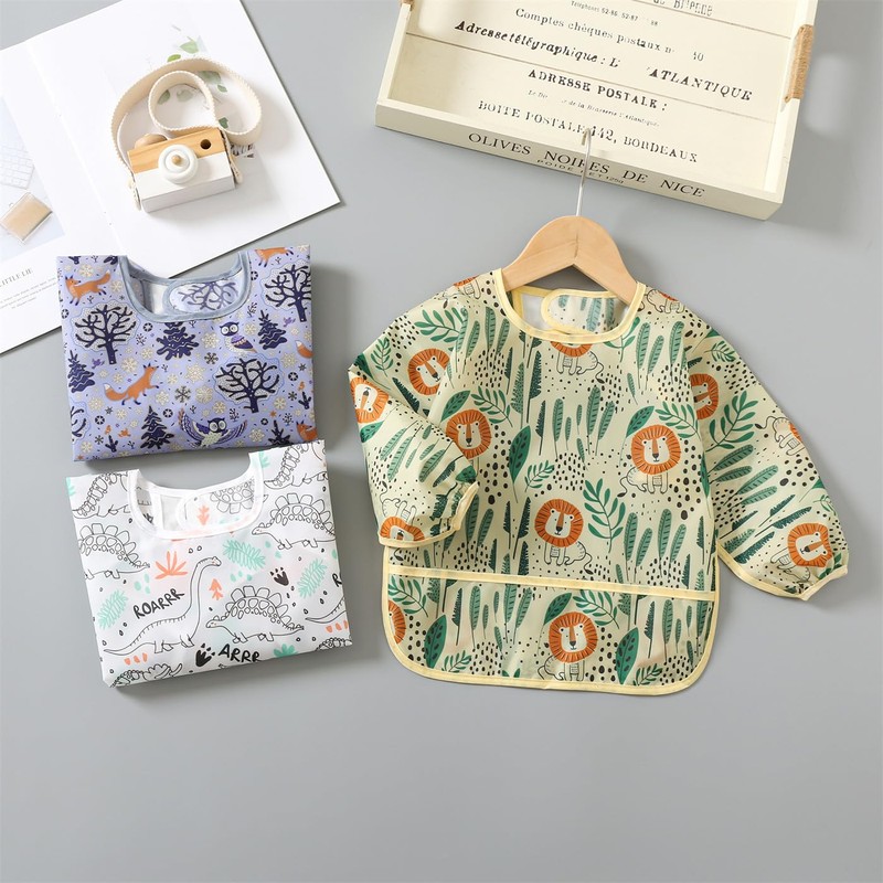 ElecMotive 3 Pack Long Sleeve Baby Bibs, Waterproof Sleeved Bib,