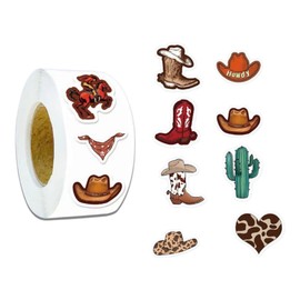 Rollo 500 pcs etiquetas, calcamonías, pegatinas, stickers estilo Vaquero (Cowboy) 2.5 cms (1 pulgada), 8 Diseños de Etiquetas Adhesivas para Niños, Decoración, Fiestas, etc.
