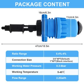 0.4%~4% Adjustable Fertilizer Injector for Drip Irrigation, Automatic Chemical Liquid Dosing Pump, 2.2~13 Gallons/H Flow Rate, Drip Irrigation Fertilizer Injector for Livestock Industry Garden