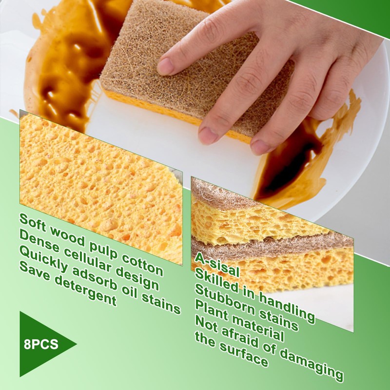 8 Pack Eco Sponges Washing up,Biodegradable Washing Up Scrubber Sponges,