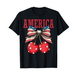 Cute America Cherries Coquette Bow Funny Cherry 4th Of July T-Shirt