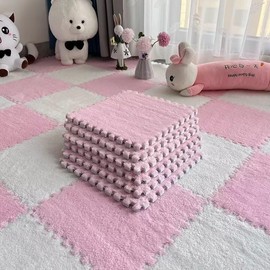 20pcs Plush Puzzle Foam Floor Mat, 11.8x11.8in Soft Interlocking Carpet Tiles，Anti-Slip Puzzle Area Rug Playmat for Room，Pink White