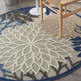 Nourison Aloha Indoor/Outdoor Floral Blue/Multicolor 5'3" x Area Rug (5' Round), XROUND
