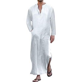 Jacansi Men's Cotton Long Sleeve V neck Solid Side Slit Middle East Long Thobe White #1 L
