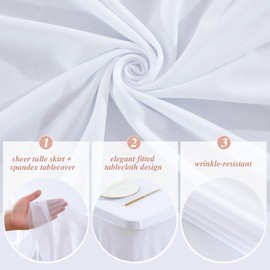 White Tablecloths 4 Foot Rectangle Tables, Spandex Tulle Tablecloth Stretch Fitted Tablecover with Ruffle Tutu Table Skirt for Baby Shower Birthday Party Wedding Banquet Dessert Table Decorations