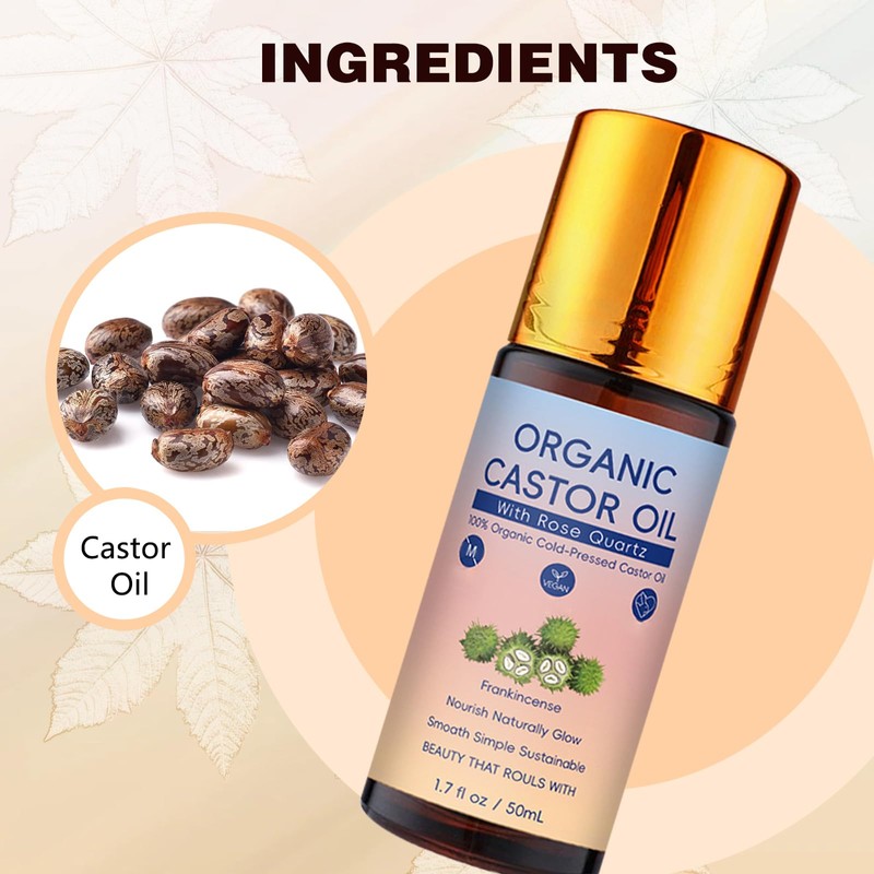 LHBMET Organic Castor Oil with Rose Quartz Roller, Cold-Pressed Pure