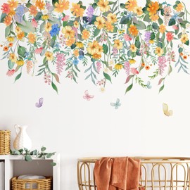 Buiory Removable Flower Plants Wall Decals Hanging Vine Floral Wall Stickers Peel and Stick Flower Butterfly Stickers for Baby Nursery Girls Bedroom Living Room Wall Decor