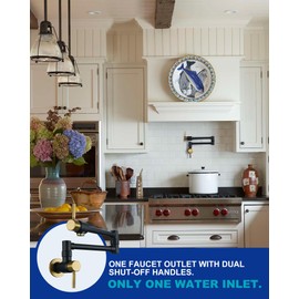 Black and Gold Pot Filler Faucet: ALEASHA Solid Brass Made Heavy Duty Pot Filler, Wall Mount Pot Filler 2 Handles with Double Joint Swing Arms Over Stove for Kitchen