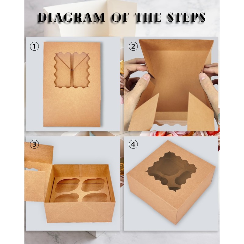 Gcardist Auto-pop Up 4 Cupcake Boxes with Window Brown 12
