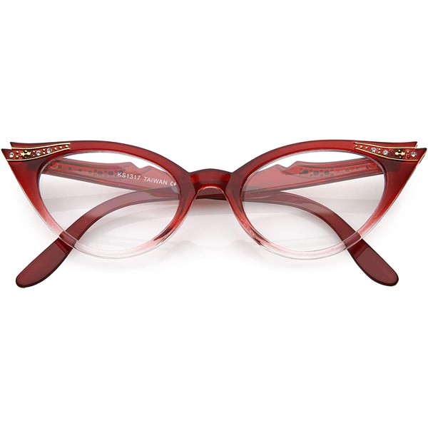 Vintage Cateyes 80s Inspired Fashion Clear Lens Cat Eye Glasses with Rhinestones (Red Fade)