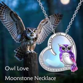 Hummingbird Owl Necklace for Women 925 Sterling Silver Heart Moonstone Pendant Owl Jewellery Gifts for Mum and Wife, Sterling Silver Sterling Silver Moonstone, Moonstone