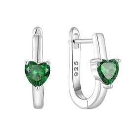 Raymard 925 Sterling Silver Hoop Earrings, Heart Cut Birthstone U Shaped Huggie Earrings, 18K White Gold Plated Jewelry for Women-Created Emerald