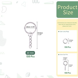 Keadic 450 Pieces 20 mm Flat Key Chain Rings with Chain and Screw Eye Pins Kit for Home Car Keychains, Lanyards, Gifts and Other Crafts Jewellery Making (Nickel Plated, Silver)