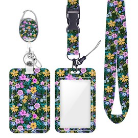 Floral ID Badge Holder Badge Reel Lanyards for ID Badges Work Vertical Protector Retractable Carabiner Clips Heavy Duty Key Lanyard for Women Dentist Colleague Mentor Nurse Office Gifts