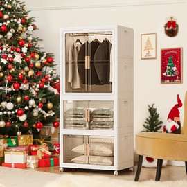 SYNCVIBE Collapsible Clothes Cabinet Large Portable Closet Plastic Folding Dresser with Hanging Rod Wardrobe with Double Doors(White, 2+1)