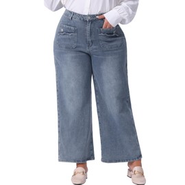 Agnes Orinda Plus Size Jeans for Women Wide Leg Washed Stretch with Pockets Palazzo Denim Jeans 2X Grey Blue