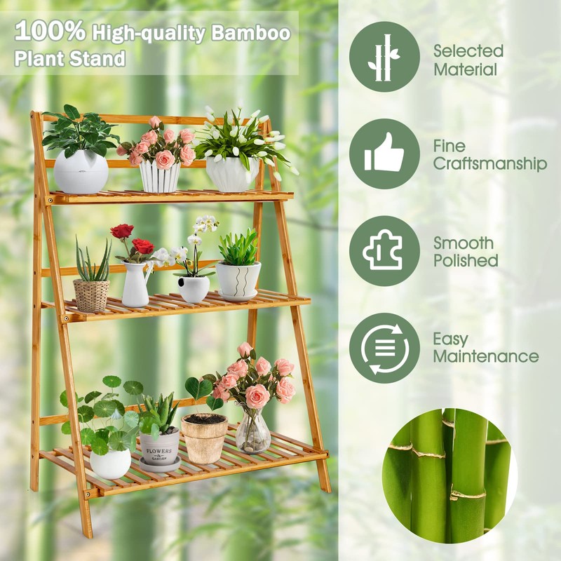COSTWAY Bamboo Plant Stand, Foldable Multifunctional Flower Display Ladder Shelf,