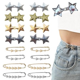 Pant Waist Tightener, 16 Set Adjustable Star Buttons Pins for Loose Jeans Reusable Waist Tightener for Pants Women Metal Star Brooch for Clothing Dresses Skirts No Sewing Decoration Accessories
