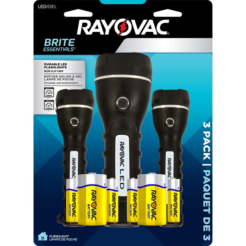 Rayovac LED Flashlight 3 Pack, Rubber Grip Flash Light Set