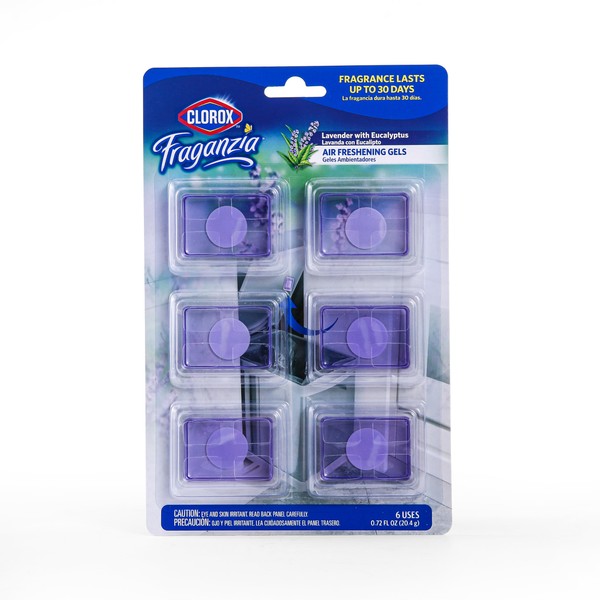 Clorox Fraganzia Adhesive Air Freshening Gels in Lavender with Eucalyptus, 6pk | No-Plug, Battery-Free Air Freshener for Garbage Cans & More, 6 Air Freshener Units