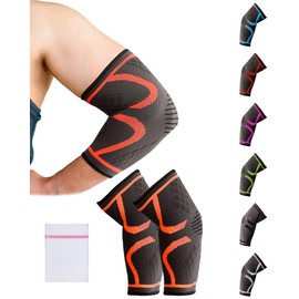 360 RELIEF Elbow Support for Men, Women, Kids, 2 Pack Compression Elbow Sleeve for Tennis, Golfers Elbow, Sports, Fitness, Gym, Weightlifting, Medium, Orange + Laundry Bag