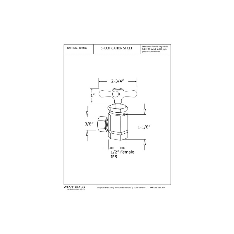 Westbrass Cross Handle Angle Stop Shut Off Valve, 1/2" IPS
