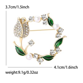 Crystal Tulip Flower Brooch Pin White Pearl Green Leaf Garland Lapel Pin Sparkly Flower Broche for Women Men Dress Coat Suit Accessories (gold tulip)
