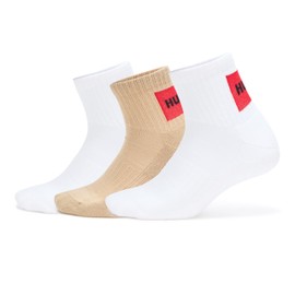 HUGO, 3-Pack Short Ribbed Label Socks, White/White/Brownstone Beige, 7-13