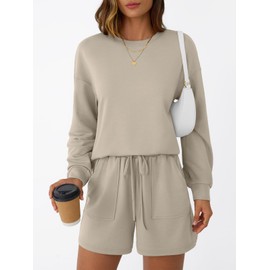 LILLUSORY Lounge Sets for Women Fall Outfits 2025 Sweatsuit Two Piece Short Set 2 Piece Casual Sweat Matching Tracksuit with Pocket Fashion Clothes Khaki M