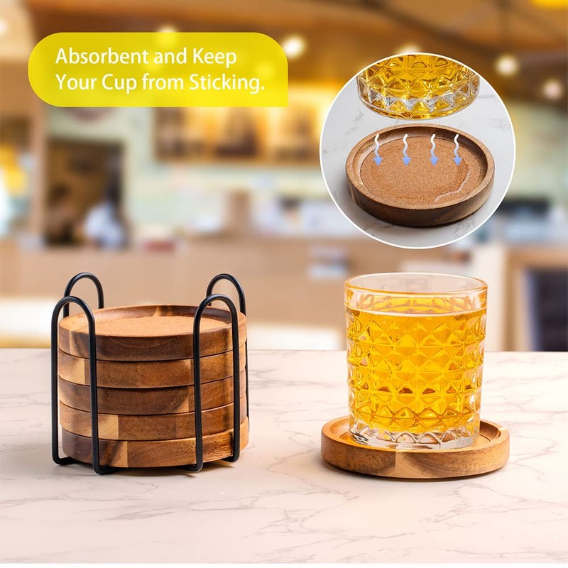 WLWNWFT Coasters for Drinks Absorbent with Holder, Acacia Wood Cork