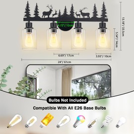 Monyohame Rustic Bathroom Light Fixtures, 4-Light Black Vanity Lights with Farmhouse Deer Design, Clear Glass Shade, Bathroom Wall Lamp for Mirror Kitchen, Living Room, Hallway, Cabinet, Porch