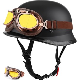 Motorcycle Half Helmet & Goggles, German Style DOT Approved Adult Men Women Retro Open Face Bike-Helmets, Bicycle/Skateboard Helmet for Adults, Bike