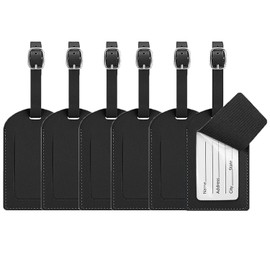 Luggage Tags, 6 Pcs Leather Suitcase Labels Travel Luggage Tag with Name ID Card Baggage Labels Tags for Luggage Bags Backpacks Cruise Waterproof Travel Accessories（Black）
