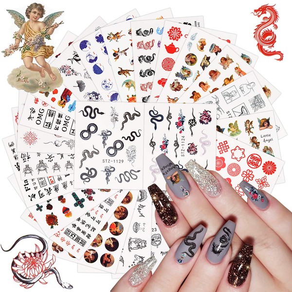 24 Sheet Dragon Snake Angel Nail Art Decals Sticker, Kalolary 3D Water Transfer Nail Stickers Decals Dragon Snake Cupid Angel Eros Halloween Nail Art Stickers Decals for Valentine's Day