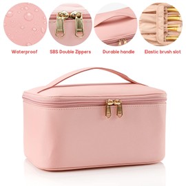 Travel Makeup Bag, Portable Cosmetic Bag with Makeup Brush Organiser Large Capacity Make up Case Water-Resistant Toiletry Bag for Women Travel Essentials, Pink