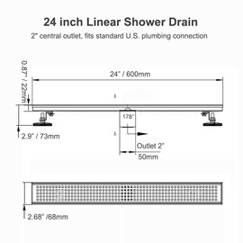 Nicmondo Linear Shower Drain 24 Inch, Bathroom Rectangular Floor Drain with Removable Cover Grid Grate, Adjustable Leveling Feet, Hair Strainer, SUS304 Stainless Steel Trench Drains, Black