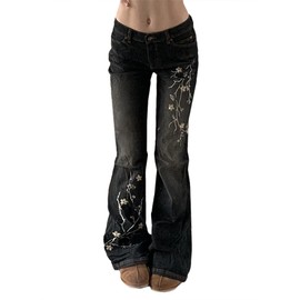 Women Bell Bottom Jeans Stretchy Flare Mid Rise Embroidery Vintage Denim Pants 90s Outfits Y2k Clothes