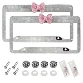 DXNQ 2 PCS Bling License Plate Frame, Handcrafted Rhinestone License Plate Frame with Ribbon Bow, Bling Stainless Steel License Plate Frame with Mounting Kit, Car Accessories (White+Pink)