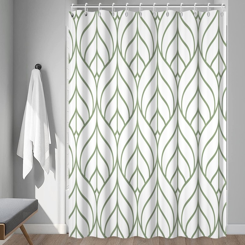 Ruelvth Green and White Shower Curtain, Modern Aesthetic Sage Green