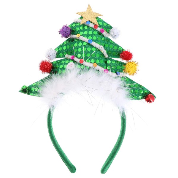 LALAFINA Diadema de Árbol de Navidad Diadema de Navidad con Luces Led Tocado de Lentejuelas con Pluma de Estrella para Fiesta de Navidad Foto Prop