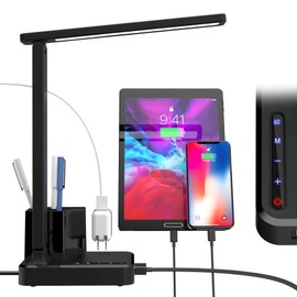 Dimmable LED Desk Lamp with Pen Holder/Organizer,Study LED Desk Lamp with USB Charging Port/Type C Port/Outlets/Storage Box/Touch,Kids Desk Reading Light for Students,Dorm Room Essential for College