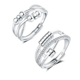 Zolkamery Silver Anxiety Ring for Women, 2PCS 925 Sterling Silver Fidget Ring with Beads, Adjustable Open Anti Anxiety Rings, Zirconia Spinner Relief Ring, Couples Unisex Stress Rings for Man Gifts