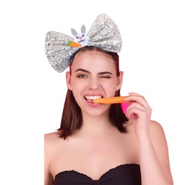 ZCYYYS Easter Bow Headband for Women Kids Girl Glitter Sequin Bow Hair Band with Cartoon Rabbit Bunny Egg Chicken Carrot Hair Accessories TSFG24 (Silver, One Size)